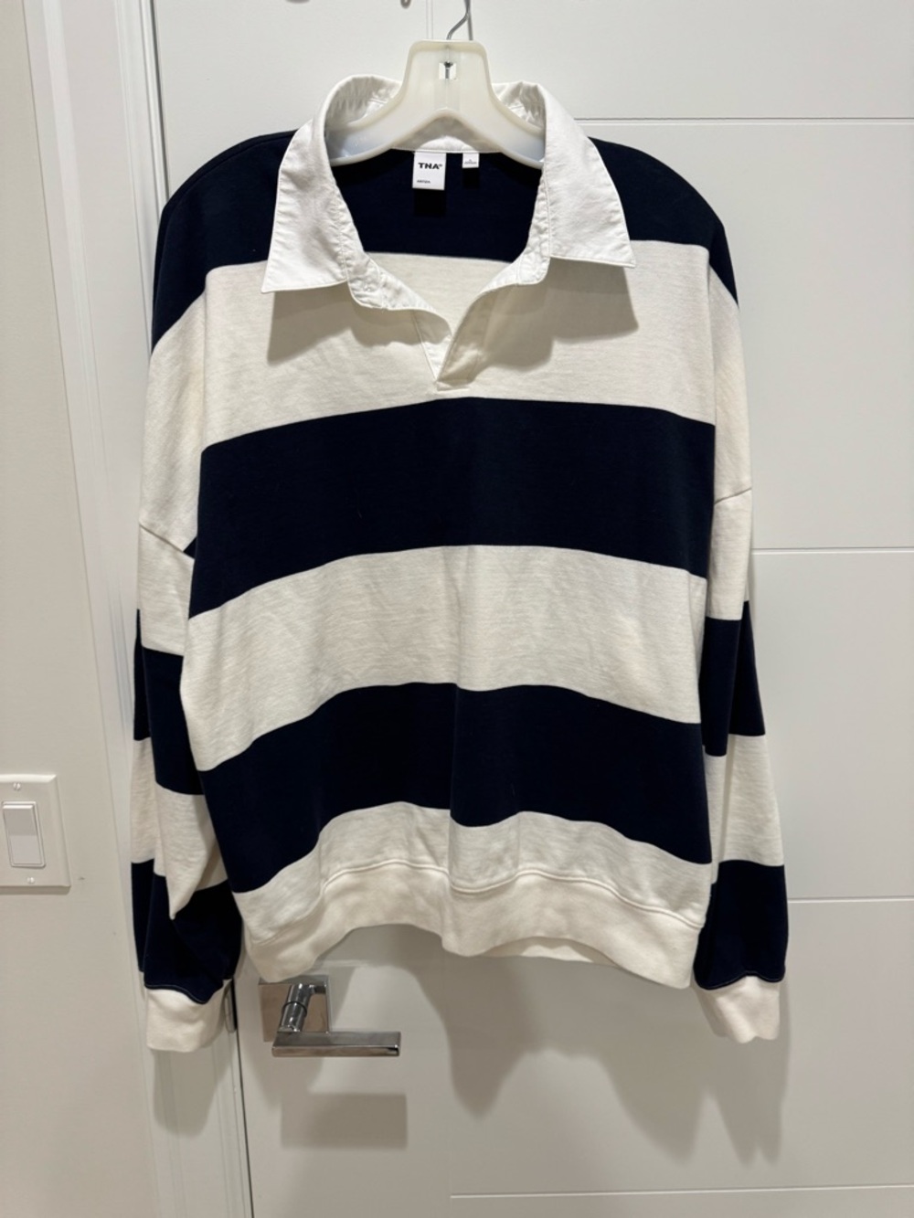 TNA Striped Rugby Shirt - Navy & White Collar